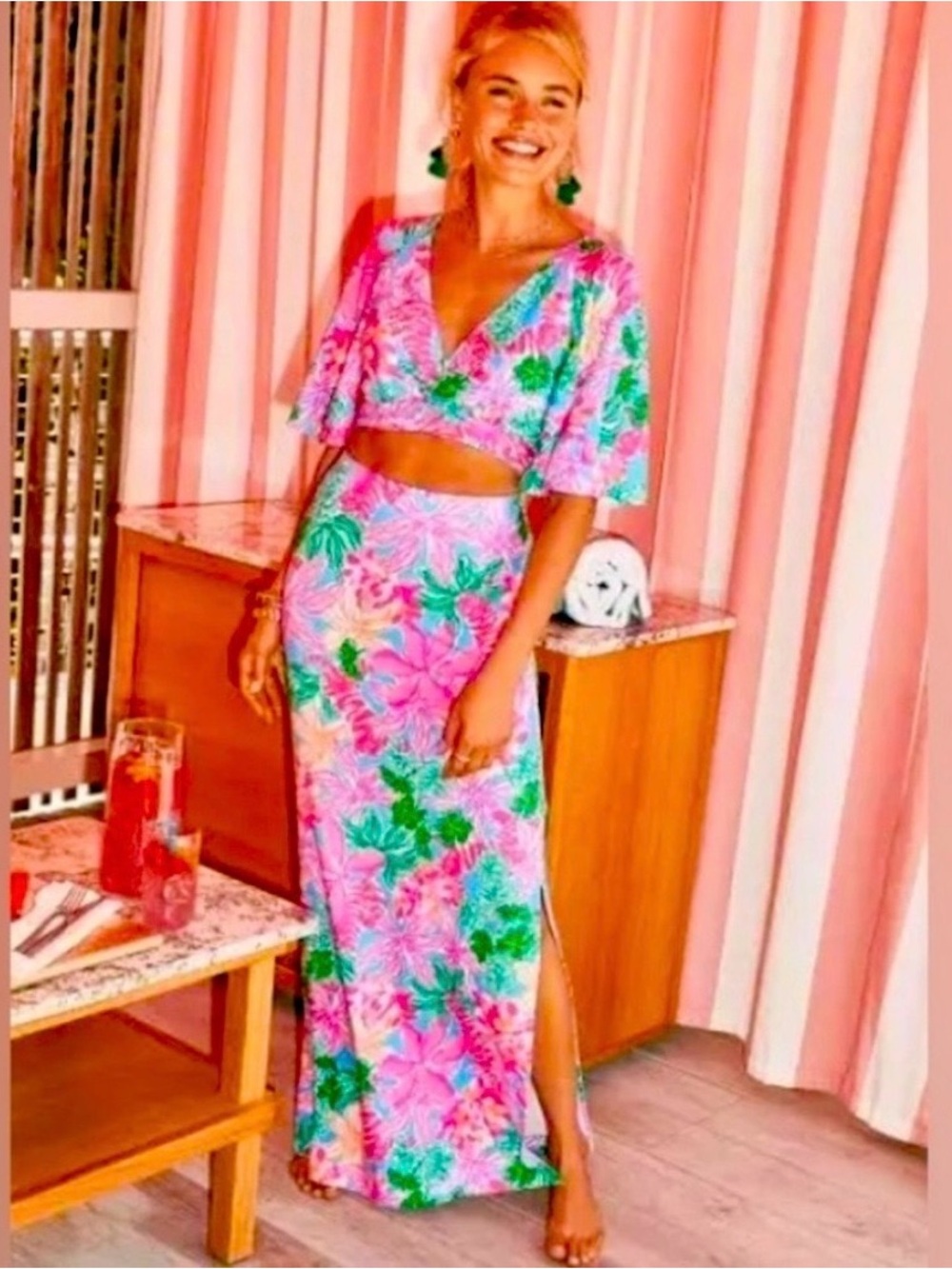 Lilly Pulitzer Pink and Green Floral Maxi Skirt and Crop Top Set